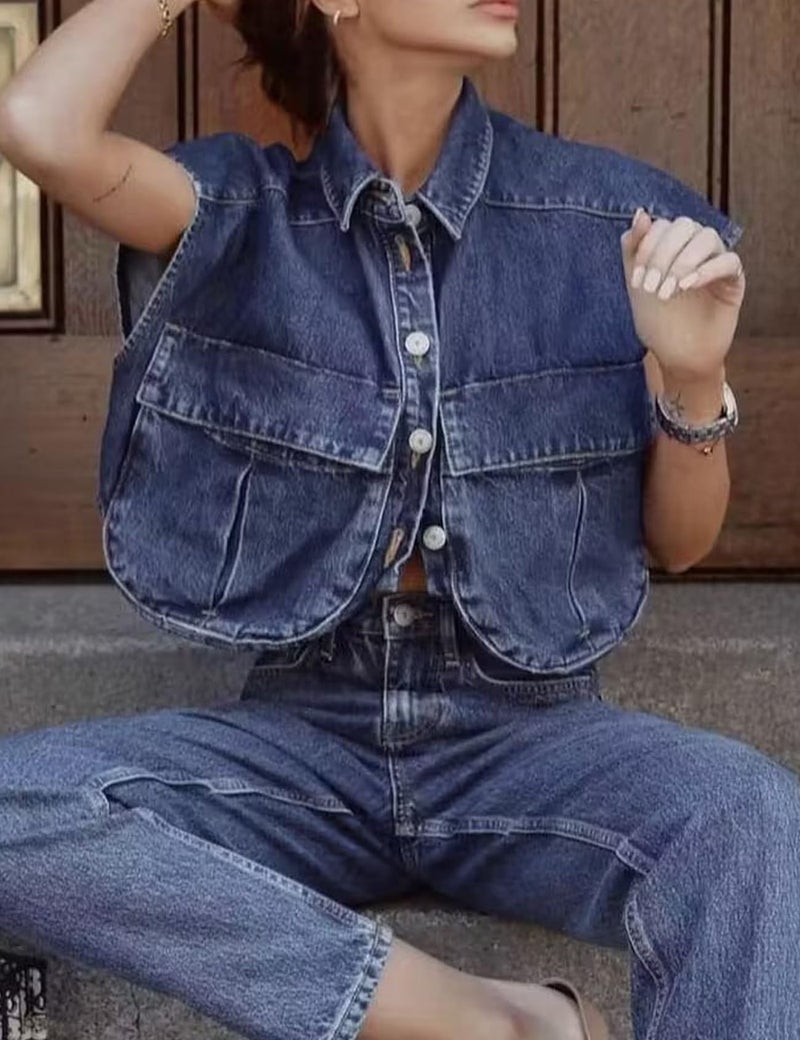 Perbai Womens Cropped Button Down Shirt Summer Collared Sleeveless Loose Denim Top with Pockets(DarkBlue-S) - Image 4