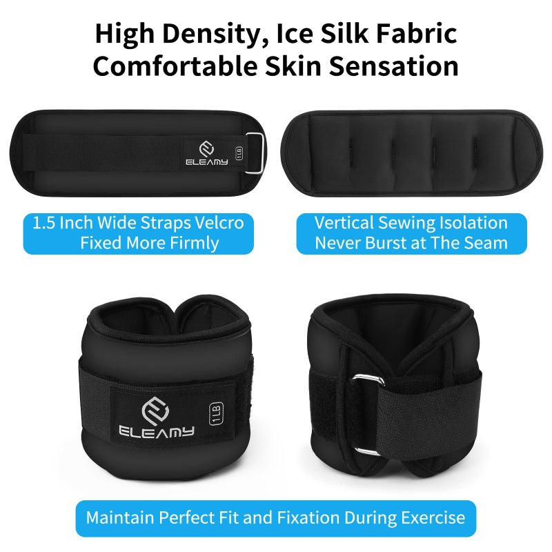 ELEAMY Ankle Weights for Women & Men - 1lb/2lb/3lb Pairs for Walking, Running, Yoga, Fitness - Premium Ice Silk Fabric - Comfortable, Durable & Tear Resistant - Black (1.0lb*2) - Image 3
