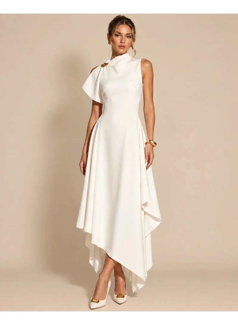 2Trendy Womens White Asymmetric Midi Dress with High Neck and Draped Shoulder Detail
