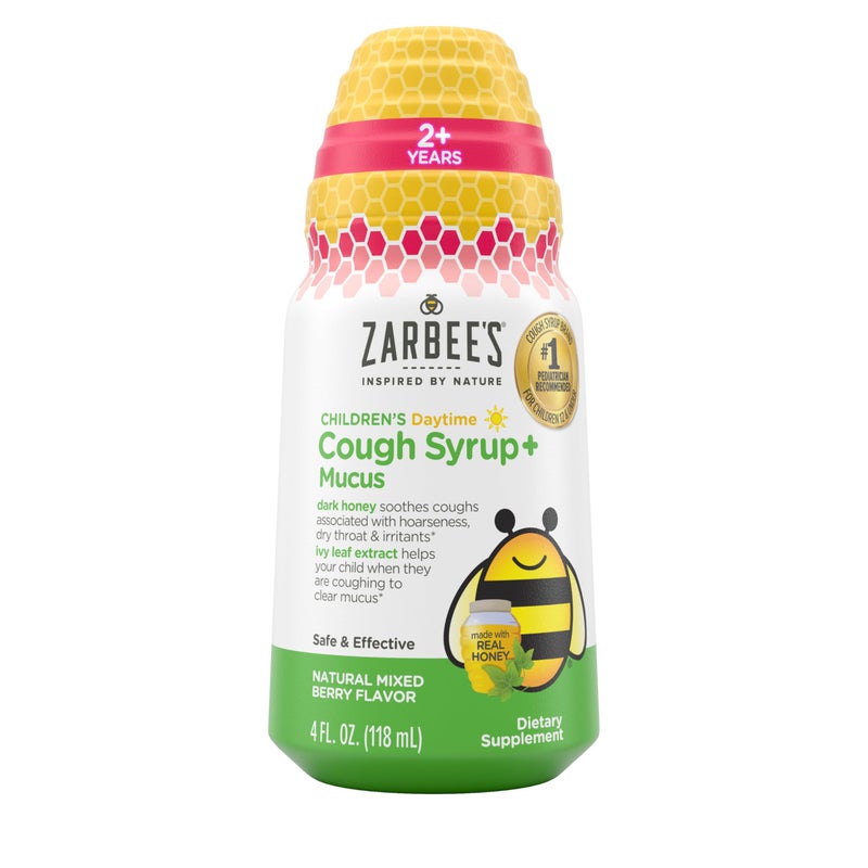 Zarbee's Children's Honey Cough Syrup + Mucus Daytime for Kids 2+ + Dark Honey, Ivy Leaf, Zinc & Elderberry, #1 Pediatrician Recommended, Drug & Alcohol-Free, Mixed Berry Flavor, 4 fl. oz - Image 1