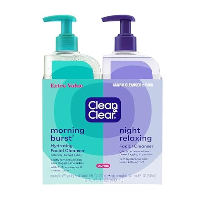 Clean & Clear 2-Pack Day & Night Daily Face Cleansers, Morning Burst Hydrating Facial Cleanser & Night Relaxing Deep Cleansing Face Wash, Oil-Free & Won't Clog Pores, 2 x 8 fl. oz - Image 1