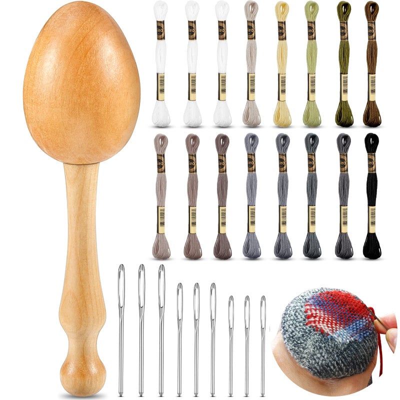 Jexine Darning Egg for Socks Wooden Darning Supplies Kit with 9 Large Eye Needles 16 Colors Sewing Threads for Socks Clothes Adults Darner DIY Handicraft Home Sewing CareRegular Color