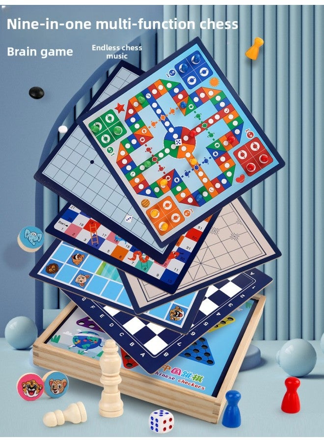 Flying Chess Gobang Checkers Colosseum Chess Multifunctional Chessboard Children's Interactive Board Game Wooden Educational Toys Wholesale-Color:Package 16 [Large Wooden] Five-in-One Jump + Fly + Five + Bucket + Elephant  - Image 2