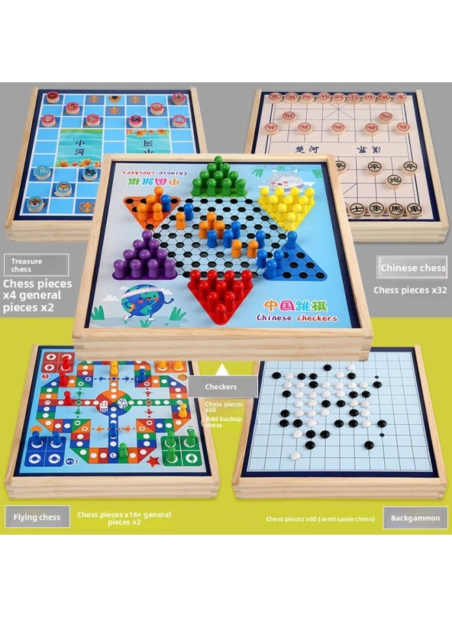 Flying Chess Gobang Checkers Colosseum Chess Multifunctional Chessboard Children's Interactive Board Game Wooden Educational Toys Wholesale-Color:Package 16 [Large Wooden] Five-in-One Jump + Fly + Five + Bucket + Elephant  - Image 1