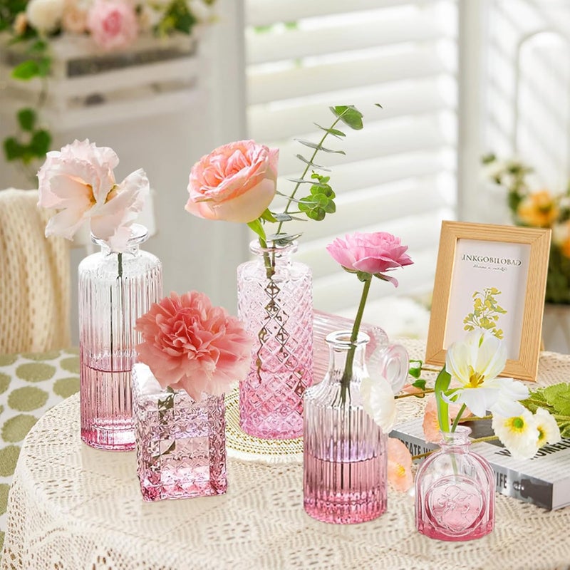 QLOFEI Pink Glass Bud Vases Set of 20 - Mini Vintage Vases for Wedding Decorations Home Table Flower Decor, Small Carved Design Glass for Centerpieces - Image 3