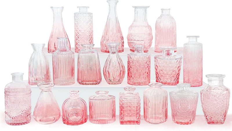QLOFEI Pink Glass Bud Vases Set of 20 - Mini Vintage Vases for Wedding Decorations Home Table Flower Decor, Small Carved Design Glass for Centerpieces - Image 1