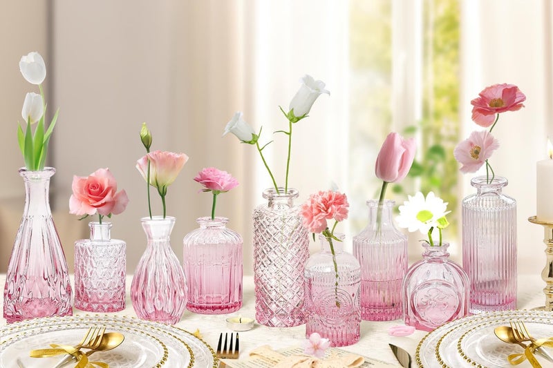 QLOFEI Pink Glass Bud Vases Set of 20 - Mini Vintage Vases for Wedding Decorations Home Table Flower Decor, Small Carved Design Glass for Centerpieces - Image 2