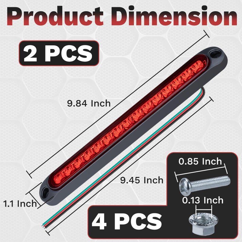 ecocstm 2 PCS Led Trailer Tail Light Bar, 10 Inch 15 Red Led Brake Lights Strip Assembly, IP67 Waterproof Trailer Light Kit for Golf Cart, for Marine Boats Golf Cart Offroad Truck RV UTV ATV - Image 2