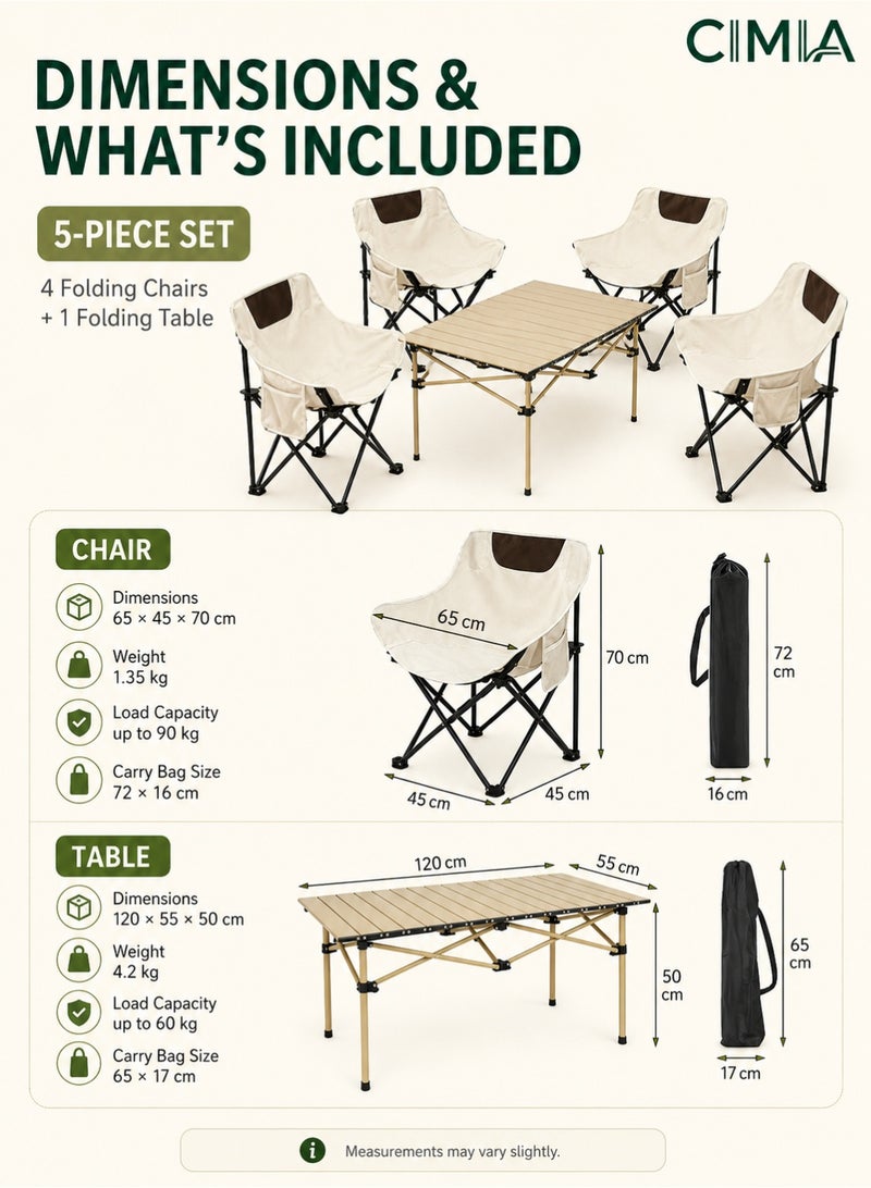 CIMIA 5-Piece Camping Table and Chairs Set, Foldable Outdoor Picnic Furniture Set with 4 Portable Chairs and 1 Folding Table, Lightweight Camping Chair Set for Family Camping, Desert Trips, Beach and Garden Use - Image 2