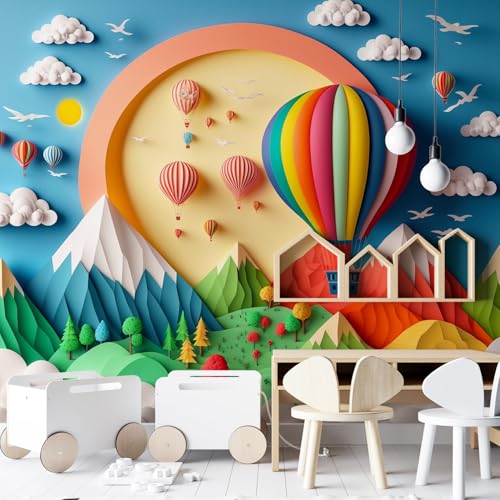 PAPER PLANE DESIGN Hot Air Balloon Kids Room Balloon Full Wall Mural Wallpaper-Nursery Wallpaper for Kids Room Living Room Wall Decor. (Ds-2) (8 X 10 FEET, Vinyl-SELF Adhesive) - Image 1