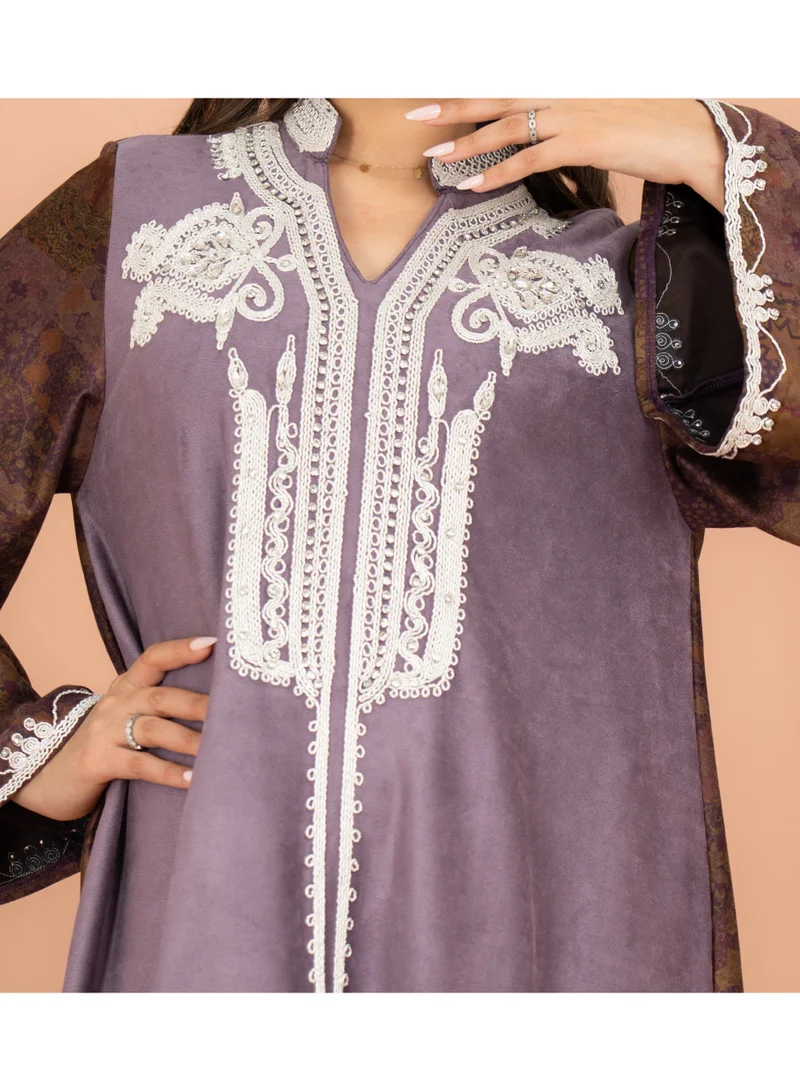 IKKXA Mandarin Colar White Embroidery Work Winter Jalabiya IK1066 Violet