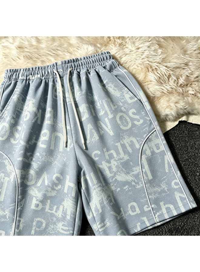 شورت رجالي كاجوال بطبعة حروف كاملة قصة واسعة بوليستر بخصر مطاطي ورباط - Image 4