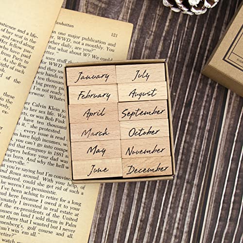 Dizdkizd 12-Piece Cute Month Rubber Stamps, Vintage Wooden Stamps in Small Size for Crafting, Scrapbooking, Journaling Supplies - Image 1