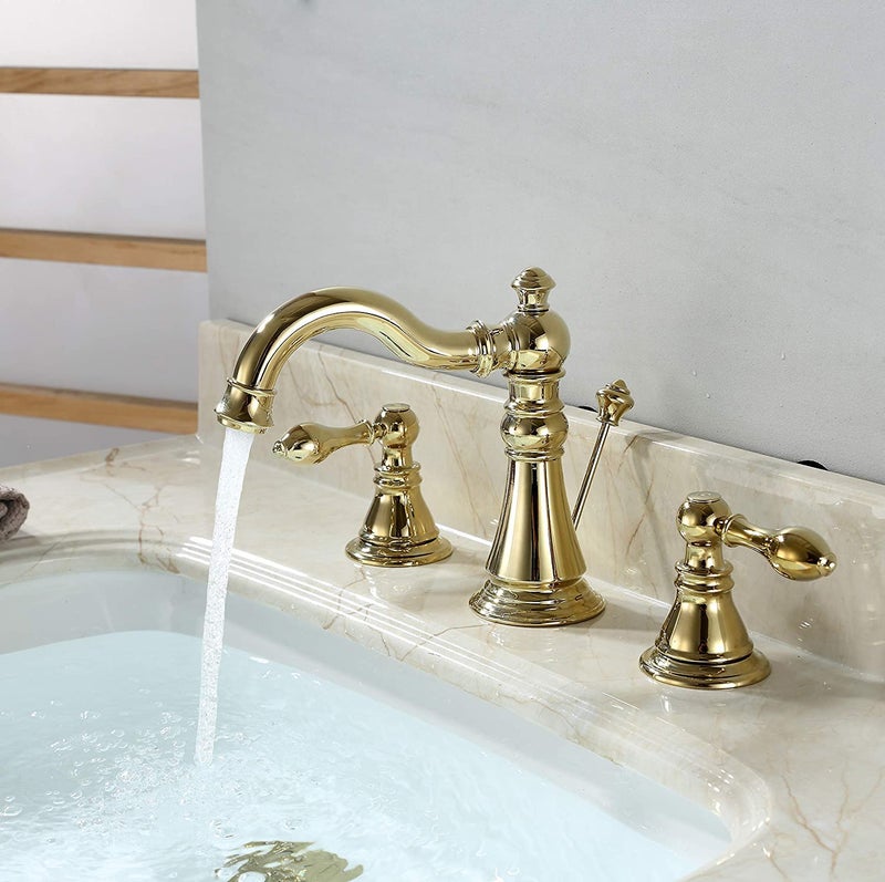 Derengge Gold Finish Bathroom Faucet 8 Inch Widespread Faucet Polished Brasstwo-Handle Sink Faucet 3 Hole With Brass Pop Up Drain Assembly Polished Brass F-8303-Pb - Image 4