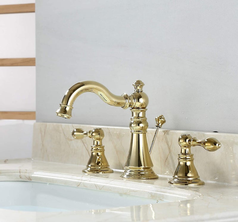 Derengge Gold Finish Bathroom Faucet 8 Inch Widespread Faucet Polished Brasstwo-Handle Sink Faucet 3 Hole With Brass Pop Up Drain Assembly Polished Brass F-8303-Pb - Image 2