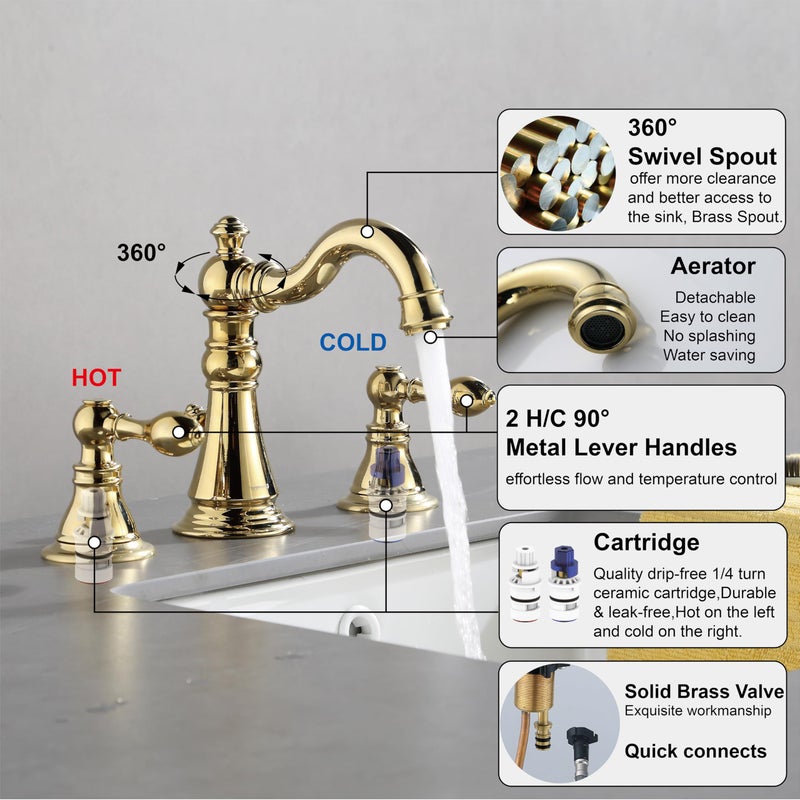 Derengge Gold Finish Bathroom Faucet 8 Inch Widespread Faucet Polished Brasstwo-Handle Sink Faucet 3 Hole With Brass Pop Up Drain Assembly Polished Brass F-8303-Pb - Image 3