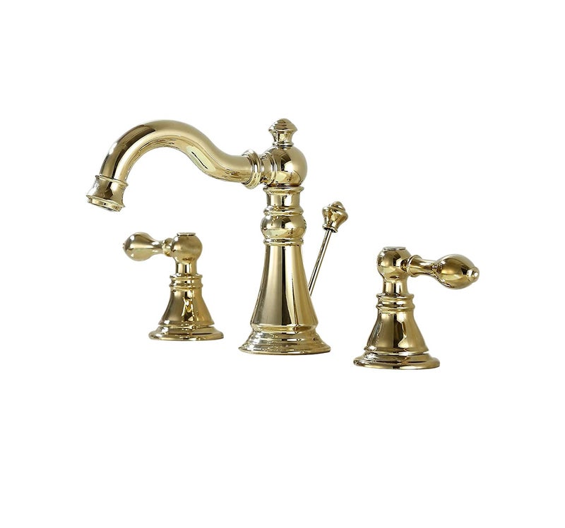 Derengge Gold Finish Bathroom Faucet 8 Inch Widespread Faucet Polished Brasstwo-Handle Sink Faucet 3 Hole With Brass Pop Up Drain Assembly Polished Brass F-8303-Pb - Image 1