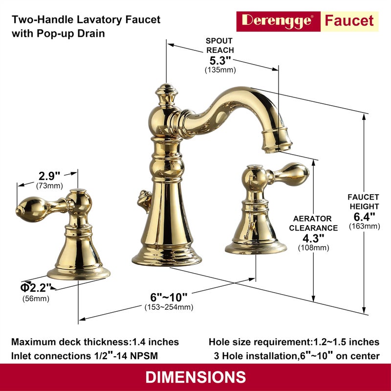 Derengge Gold Finish Bathroom Faucet 8 Inch Widespread Faucet Polished Brasstwo-Handle Sink Faucet 3 Hole With Brass Pop Up Drain Assembly Polished Brass F-8303-Pb - Image 5