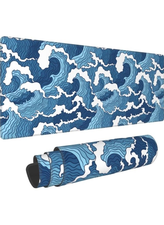 erorex Japanese Blue and White Wave Extended Mouse Pad 31.5x11.8 Inch Wave Desk Mousepad Extended Large Non-Slip Rubber Base Waterproof Big Keyboard Mat with Stitched Edges for Gaming and Office  - Image 1