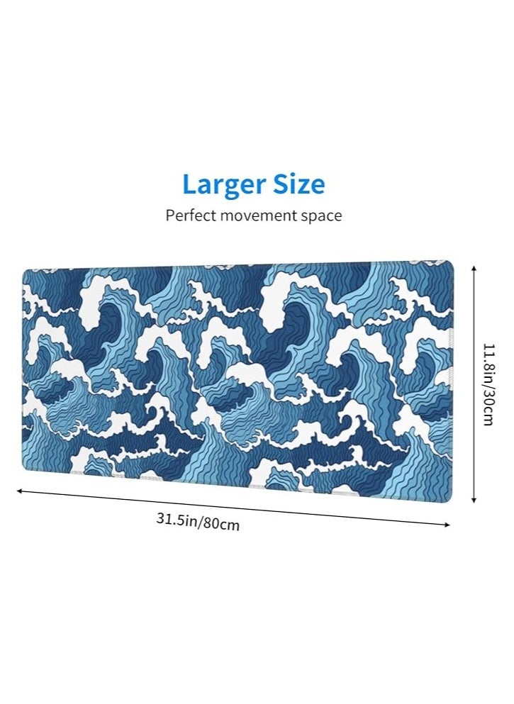 erorex Japanese Blue and White Wave Extended Mouse Pad 31.5x11.8 Inch Wave Desk Mousepad Extended Large Non-Slip Rubber Base Waterproof Big Keyboard Mat with Stitched Edges for Gaming and Office  - Image 4