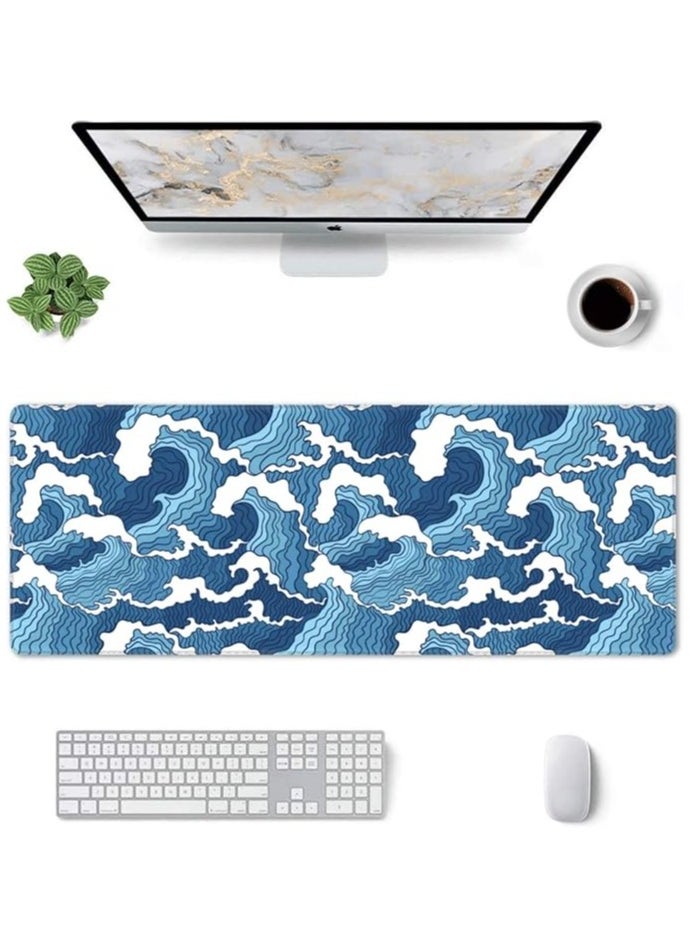 erorex Japanese Blue and White Wave Extended Mouse Pad 31.5x11.8 Inch Wave Desk Mousepad Extended Large Non-Slip Rubber Base Waterproof Big Keyboard Mat with Stitched Edges for Gaming and Office  - Image 5
