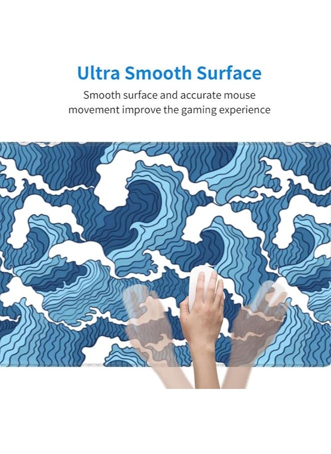 erorex Japanese Blue and White Wave Extended Mouse Pad 31.5x11.8 Inch Wave Desk Mousepad Extended Large Non-Slip Rubber Base Waterproof Big Keyboard Mat with Stitched Edges for Gaming and Office  - Image 2