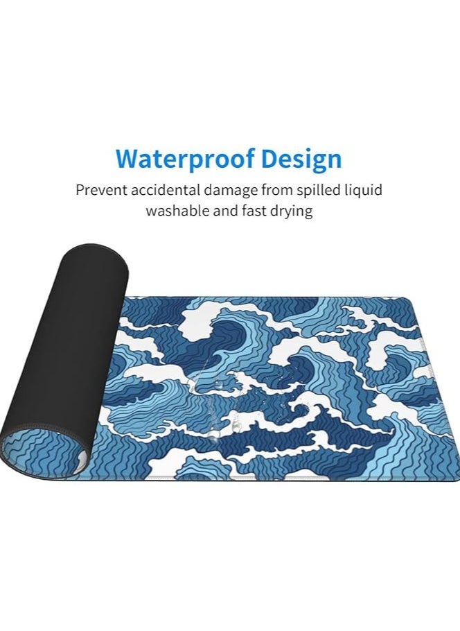 erorex Japanese Blue and White Wave Extended Mouse Pad 31.5x11.8 Inch Wave Desk Mousepad Extended Large Non-Slip Rubber Base Waterproof Big Keyboard Mat with Stitched Edges for Gaming and Office  - Image 3