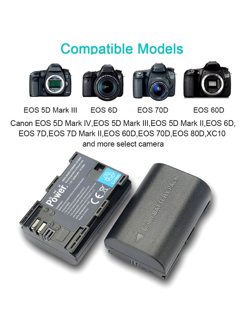DMK Power LP-E6 LP E6N Rechargeable Battery Charger 2Pack 2300mAh and 1 x Dual USB Charger Compatible with Canon 80D 70D 60D 6D Mark II 7D Mark II 5D Mark II III IV EOS 5Ds 5D2 5D3 5DSR 5D4