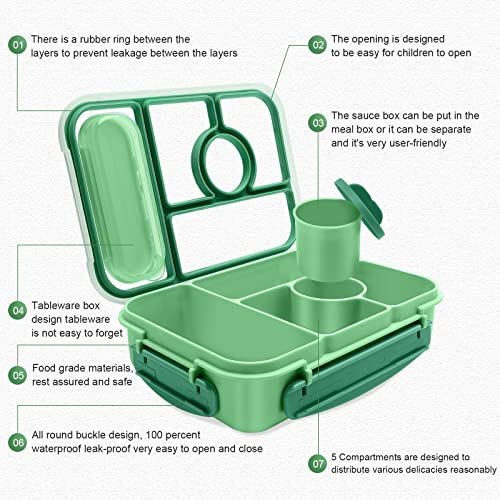 Amathley Bento Box Adult Lunch Box Kids,Lunch Containers for Adults/Kids/Toddler,5 Compartments Bento Lunch Box with Sauce Vontainers,Microwave & Dishwasher & Freezer Safe,BPA-Free(Green) - Image 2