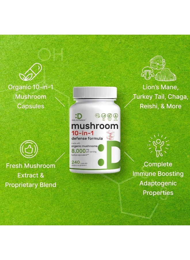 DEAL SUPPLEMENT Organic Mushroom Supplement, 8,000mg Per Serving, 240 Veggie Capsules - 10 in 1 Defense Formula - Image 4