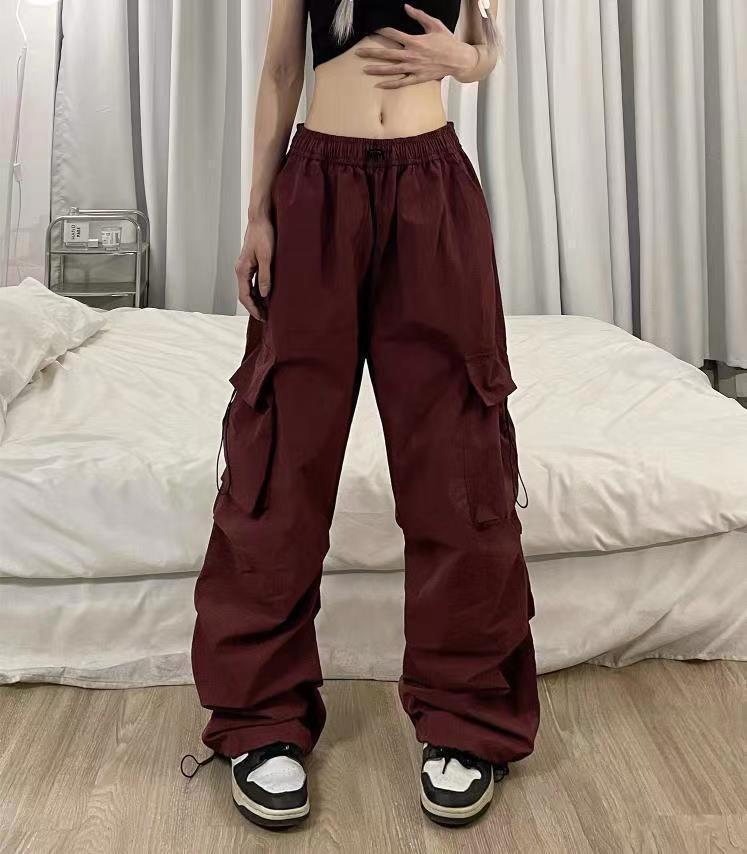Japanese Streetwear Cargo Pants for Men Wine red