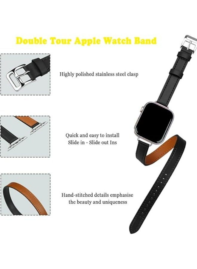 OLYSON Watch Strap Suitable for iWatch Series 11（42mm）, Leather Replacement Band Compatible for Apple Watch Series Band 38mm 40mm 41mm 42mm women, Genuine Leather Double Tour Designed Slim Strap for iWatch Ultra Series11 10 9 8 7 6 SE, Black - Image 2