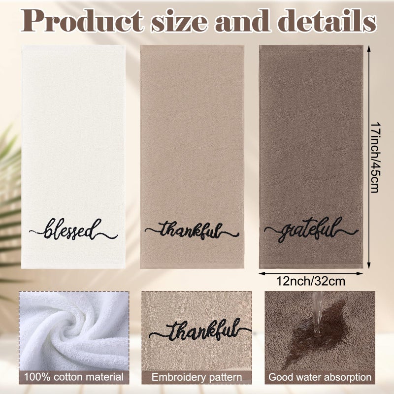 SmoothNovelty 3 Pcs Brown and White Fingertip Towels 100% Cotton Fall Farmhouse Bathroom Hand Towels 12 x 18 in Decorative Embroidery Blessed Thankful Grateful for Thanksgiving Gift Home Decor - Image 2