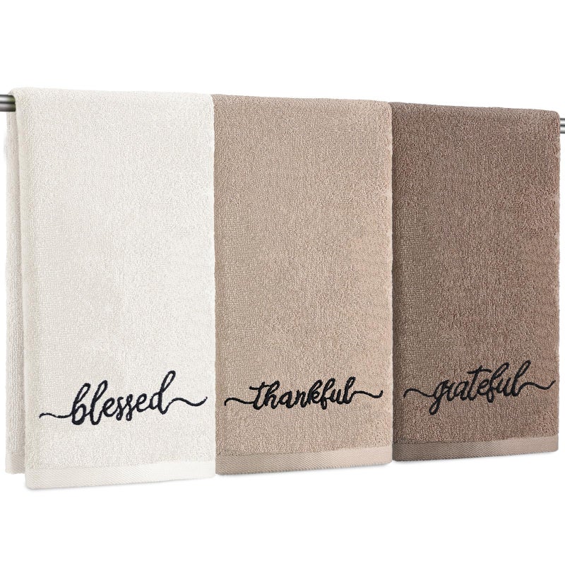 SmoothNovelty 3 Pcs Brown and White Fingertip Towels 100% Cotton Fall Farmhouse Bathroom Hand Towels 12 x 18 in Decorative Embroidery Blessed Thankful Grateful for Thanksgiving Gift Home Decor - Image 1