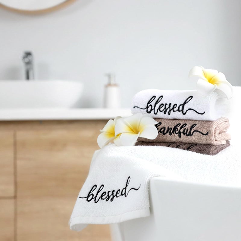 SmoothNovelty 3 Pcs Brown and White Fingertip Towels 100% Cotton Fall Farmhouse Bathroom Hand Towels 12 x 18 in Decorative Embroidery Blessed Thankful Grateful for Thanksgiving Gift Home Decor - Image 5