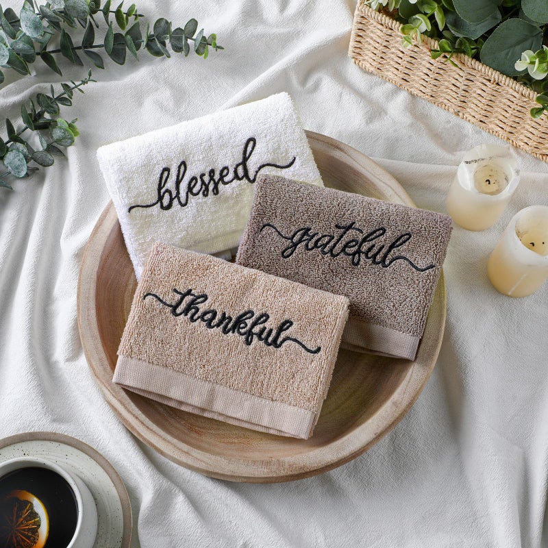 SmoothNovelty 3 Pcs Brown and White Fingertip Towels 100% Cotton Fall Farmhouse Bathroom Hand Towels 12 x 18 in Decorative Embroidery Blessed Thankful Grateful for Thanksgiving Gift Home Decor - Image 3