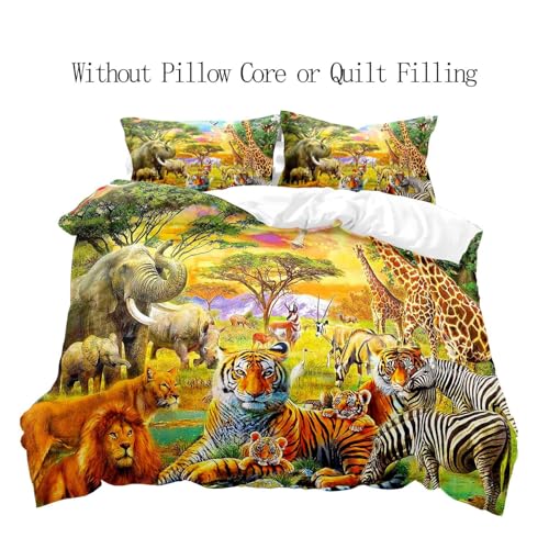 LUVIVIHOME VIVIHOME 2PCS Safari Animal Duvet Cover Twin Bedding Sets, Teens Boys Girls Kids Bedding, Zoo Jungle Tiger Lion Elephant Zebra Giraffe African Wildlife Wild Animal Comforter Quilt Cover, 1 Pillowcase - Image 2