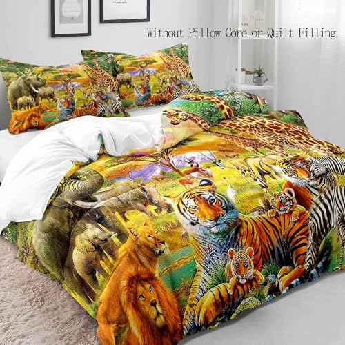 LUVIVIHOME VIVIHOME 2PCS Safari Animal Duvet Cover Twin Bedding Sets, Teens Boys Girls Kids Bedding, Zoo Jungle Tiger Lion Elephant Zebra Giraffe African Wildlife Wild Animal Comforter Quilt Cover, 1 Pillowcase - Image 3