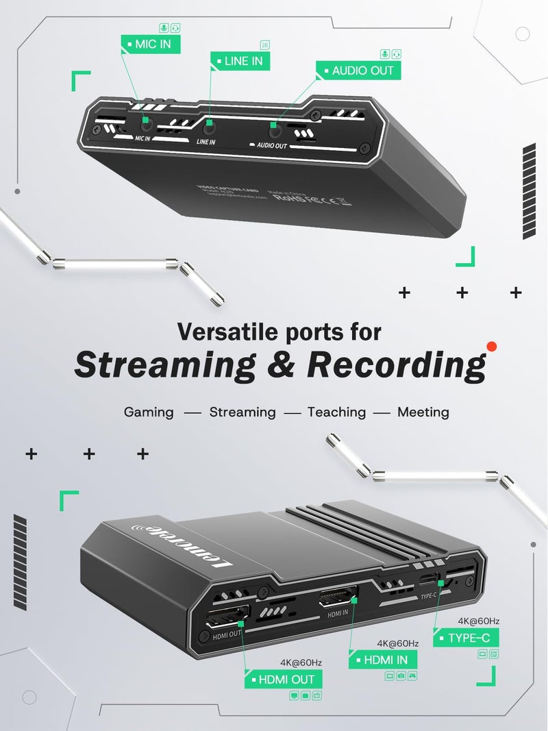 Lemorele Video Capture Card,4K 60fps Ultra-Low Latency Output, USB-C（Capture） with Mic/Line Input Audio Interfaces, It is Compatible with Switch, PS4, PS5, Laptops, Phone, PCs, and Macs - Image 2