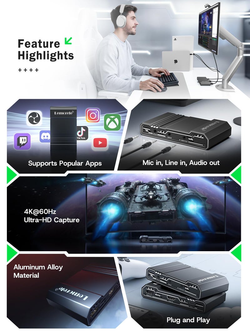 Lemorele Video Capture Card,4K 60fps Ultra-Low Latency Output, USB-C（Capture） with Mic/Line Input Audio Interfaces, It is Compatible with Switch, PS4, PS5, Laptops, Phone, PCs, and Macs - Image 4