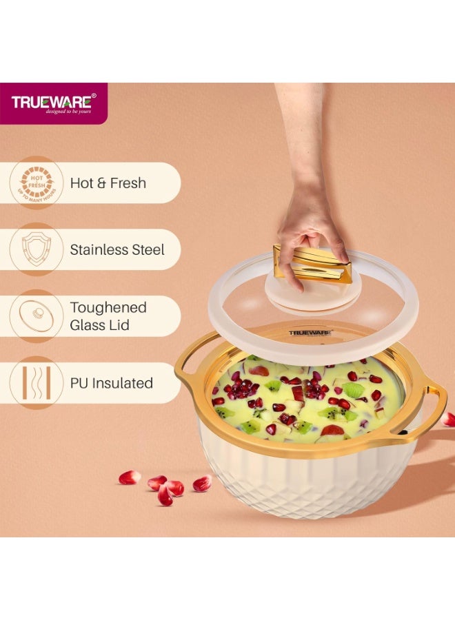 Trueware Classic Inner Steel with See Through Toughened Glass Lid Casserole | 1000 ml, Ivory | PU Insulated | BPA Free | Oduor Proof | Food Grade | Ideal for Chapatti | Roti | Curd Maker | Hot Pot - Image 3