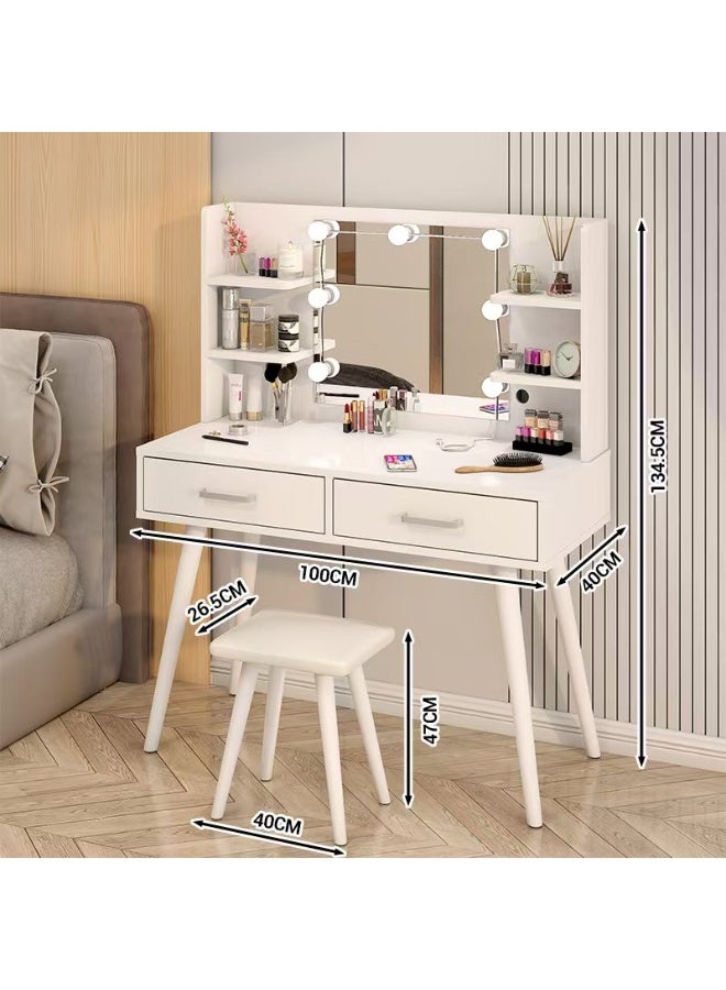 Bedroom Dresser and Stool Set, White Makeup Vanity Table for Girls with LED Light Mirror + 2 Drawers & Storage Shelves, 3 Light Modes Adjustable Brightness Dressing Desk - Image 2