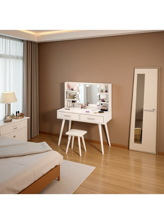 Bedroom Dresser and Stool Set, White Makeup Vanity Table for Girls with LED Light Mirror + 2 Drawers & Storage Shelves, 3 Light Modes Adjustable Brightness Dressing Desk - Image 4