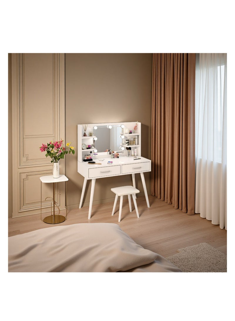 Bedroom Dresser and Stool Set, White Makeup Vanity Table for Girls with LED Light Mirror + 2 Drawers & Storage Shelves, 3 Light Modes Adjustable Brightness Dressing Desk - Image 1