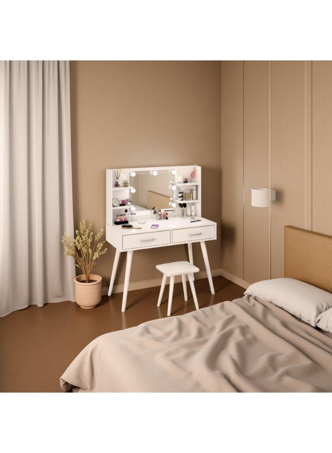 Bedroom Dresser and Stool Set, White Makeup Vanity Table for Girls with LED Light Mirror + 2 Drawers & Storage Shelves, 3 Light Modes Adjustable Brightness Dressing Desk - Image 3