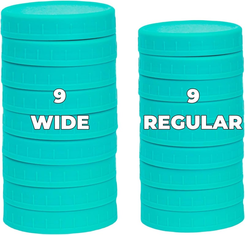 Bedgeta 18 Pack 9 Wide Mouth & 9 Regular Mouth Mason Jar Lids with Silicone Rings,Thickened Leak-proof Lids Fit Ball,Kerr and More, Blue-green Plastic Lids, 86mm & 70mm(Blue-green) - Image 1