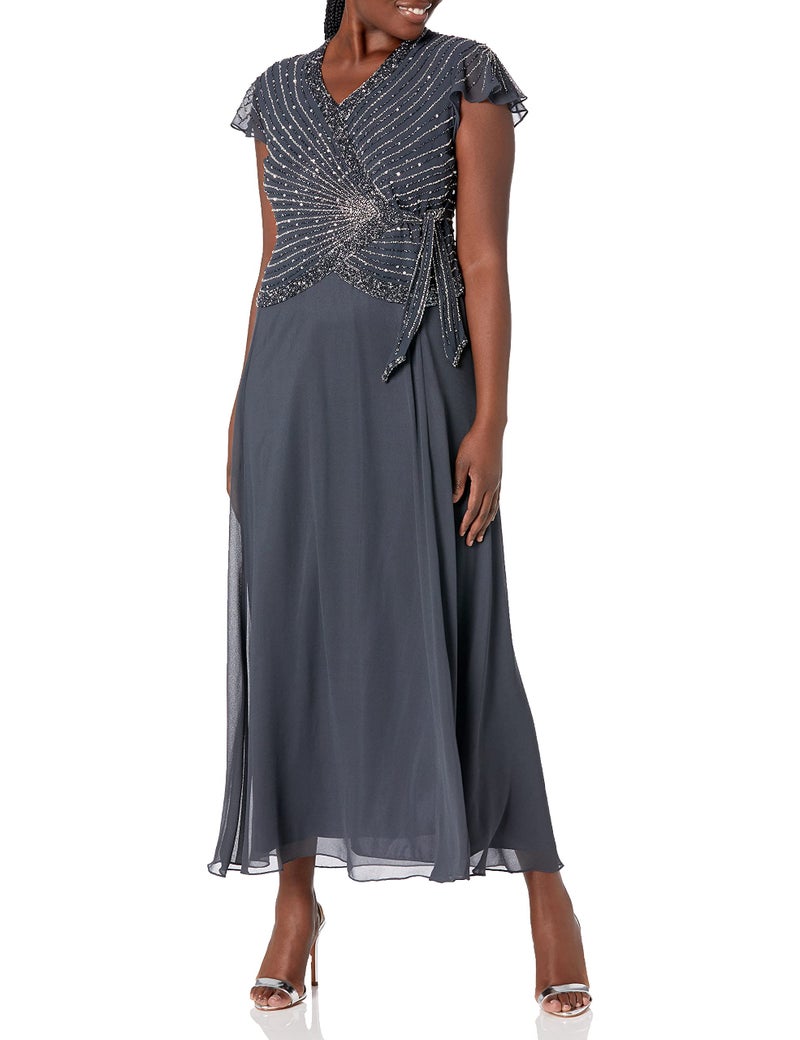 J Kara Women's Petite Petite Faux Wrap Long Dress W/Flutter Sleeve Dress, Grey/White/Silver, 14P - Image 1