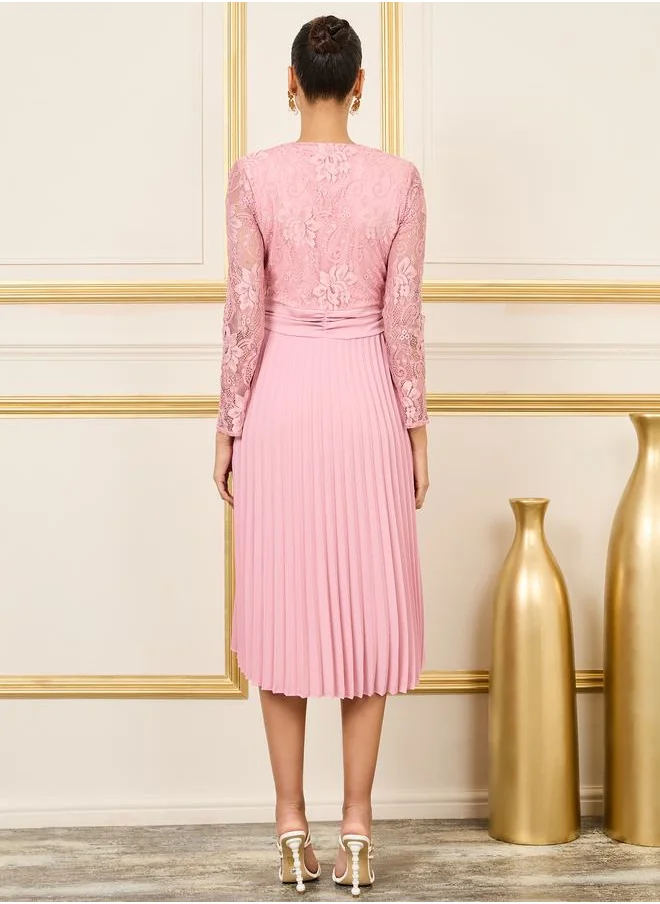 Styli Lace Detail Pleated A Line Midi Dress