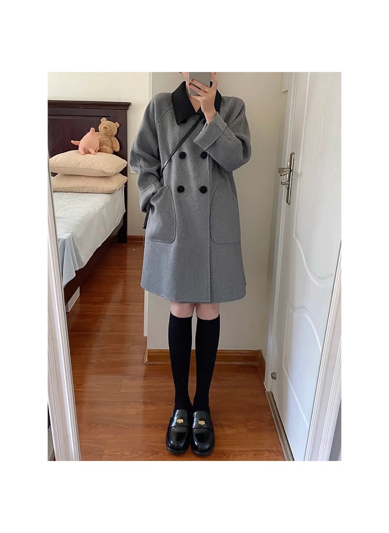 Generic - Vintage Color Block Midi Wool Coat Slim Fit Womens Gray single layer - Image 1