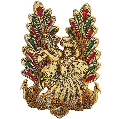 CHHARIYA CRAFTS Metal Radha Krishna Idol Statue with Diya Peacock Design Decorative Showpiece (Metal, Gold) - Image 2